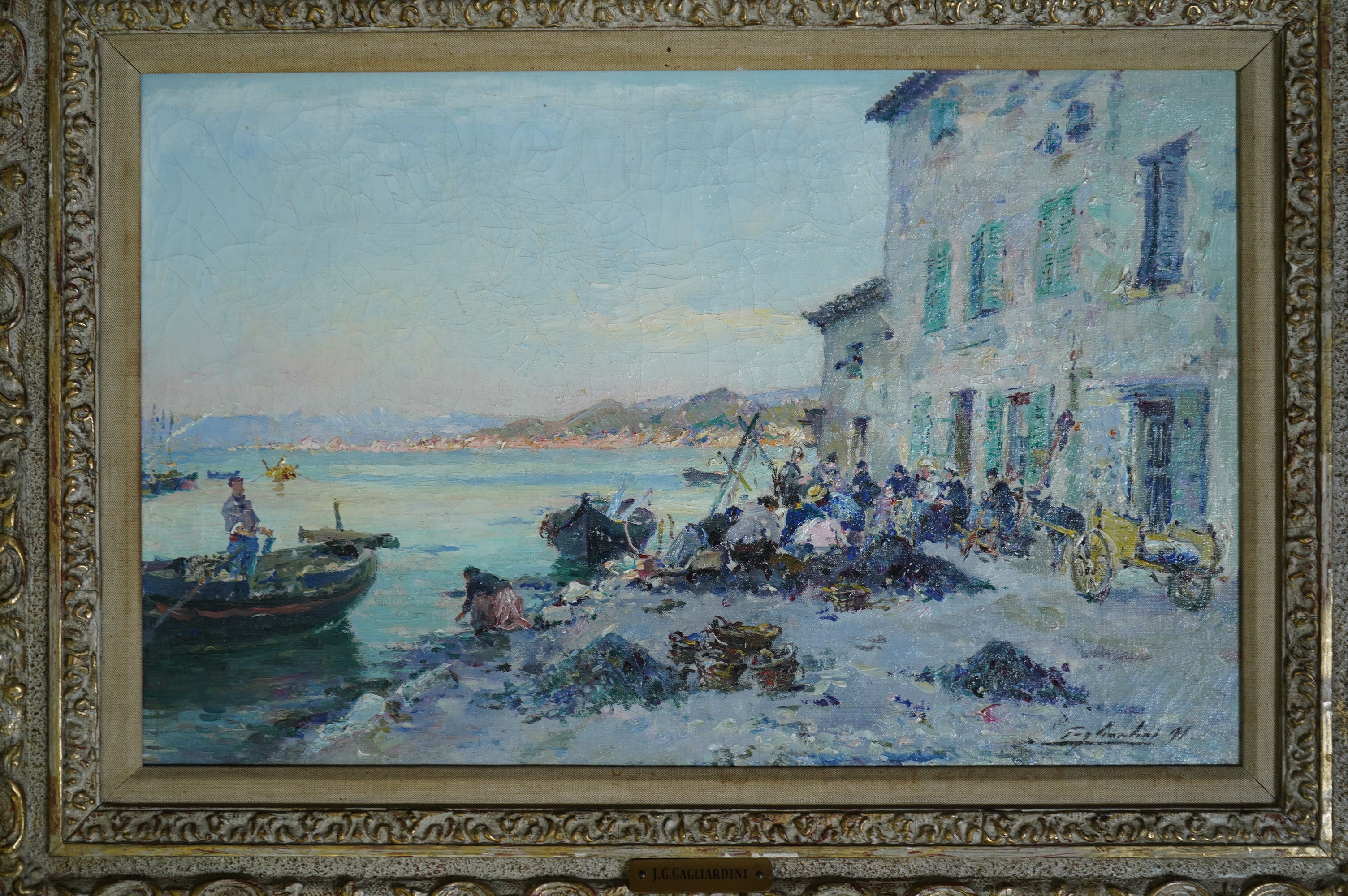 Julien Gustave Gagliardini (Italian, 1846-1927), oil on canvas, Neapolitan coastal scene with seated figures, signed and dated '91, 26 x 40cm. Condition - fair to good